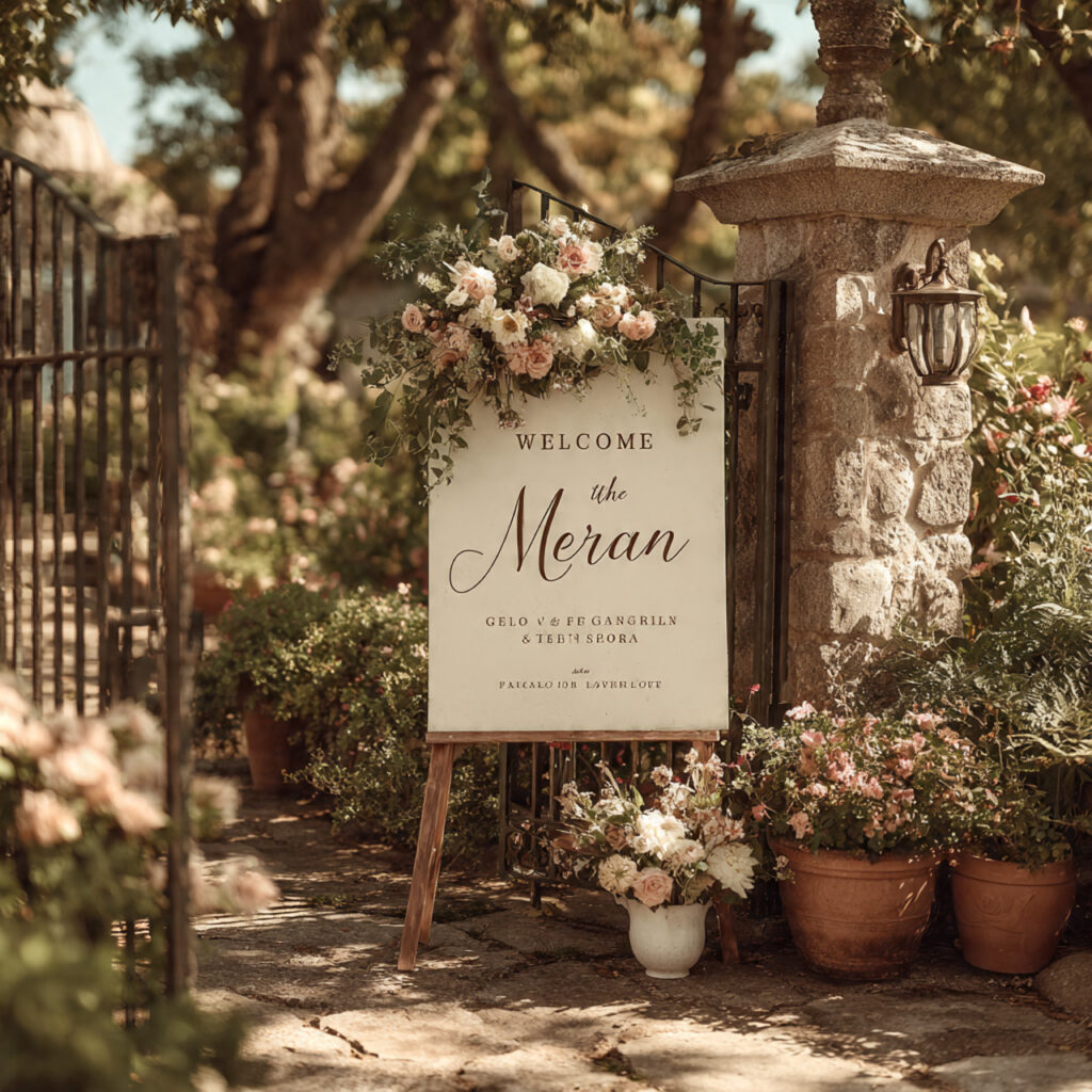 wedding welcome sign hanging from ornate garden