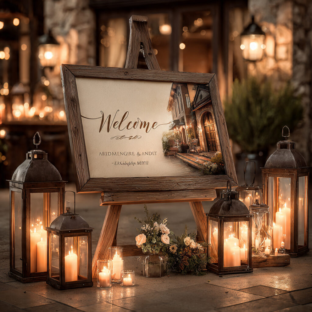 wedding welcome sign surrounded by glowing lanterns