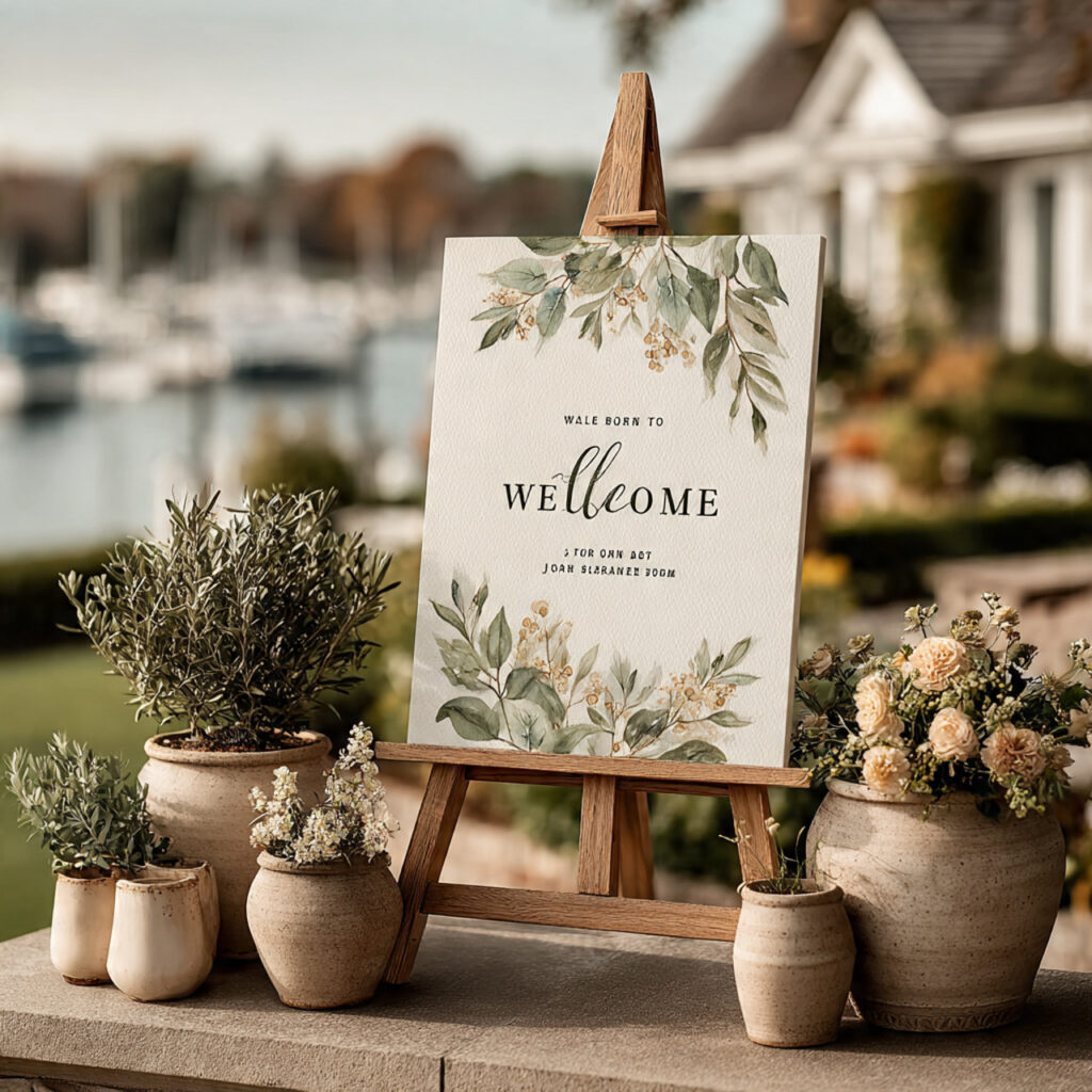 wedding welcome sign with botanical illustrations soft