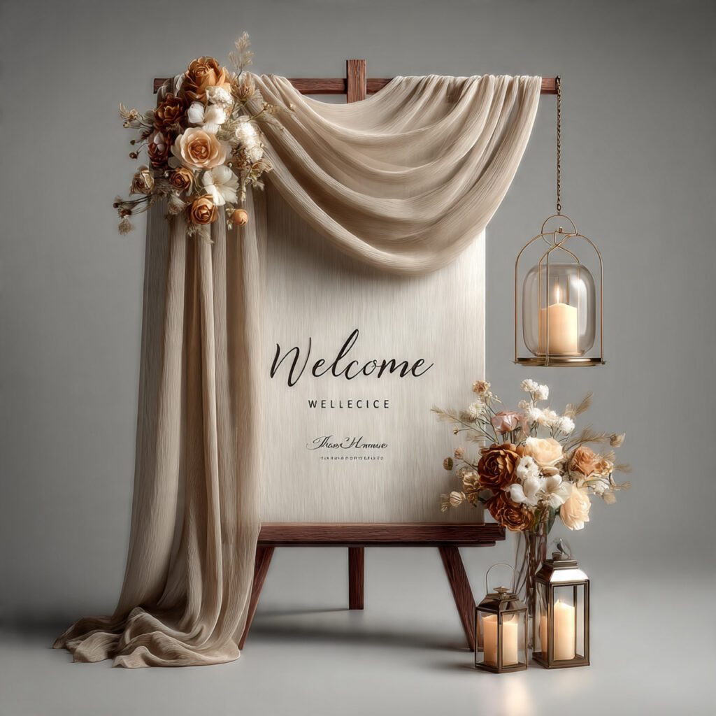 wedding welcome sign with flowing chiffon fabric