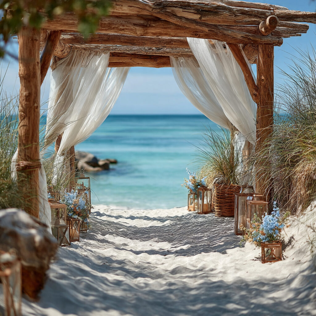 a beach wedding arbor made of bamboo