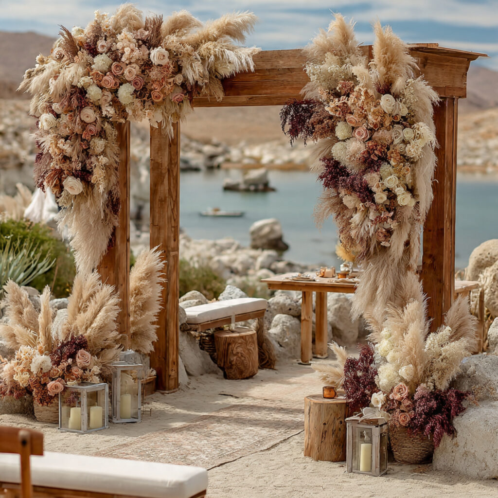 a boho wedding arbor decorated with pampas