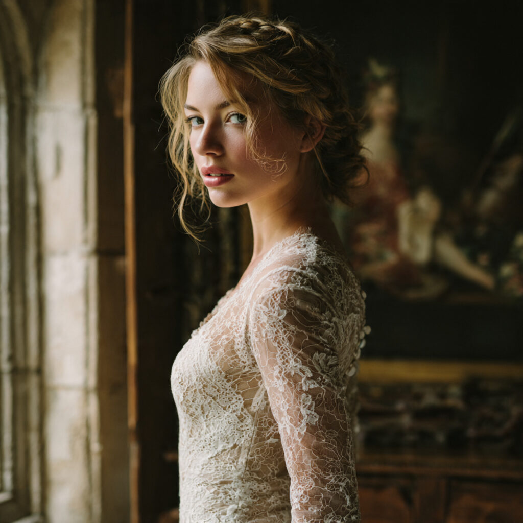 a bride wearing an antique lace wedding