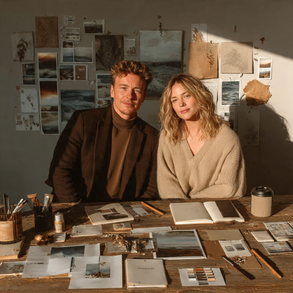 a calm engaged couple sitting at a