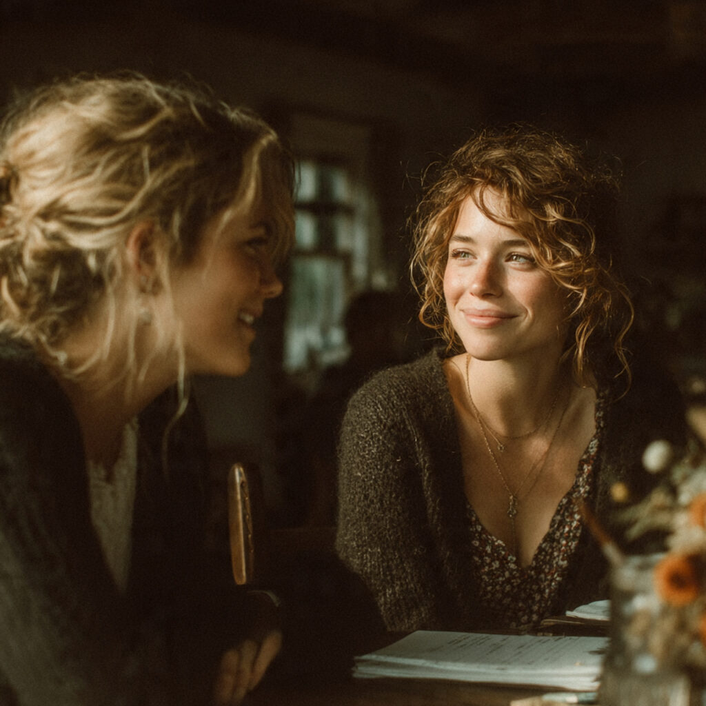 a calm indoor scene of two women
