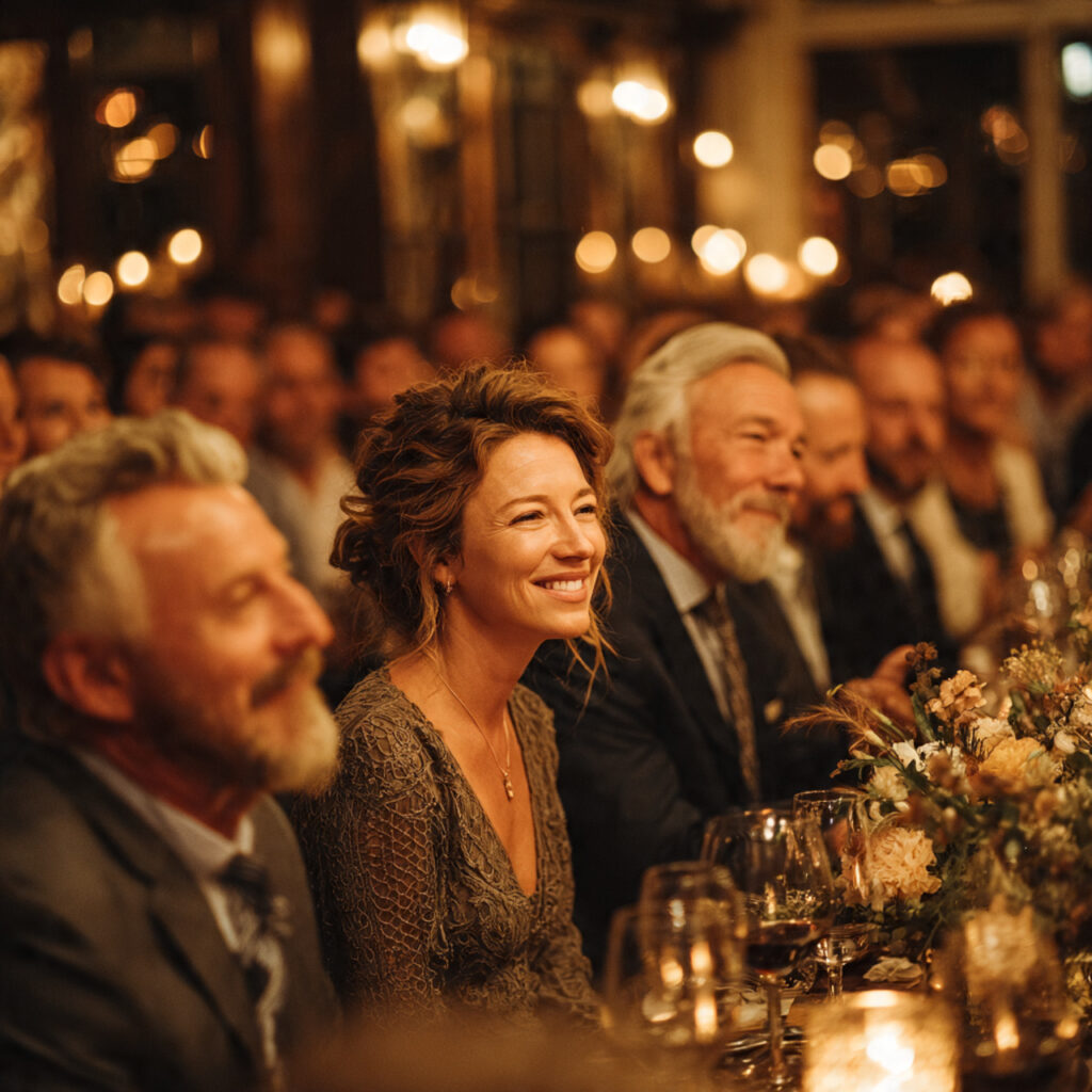 a candid wedding reception moment where a