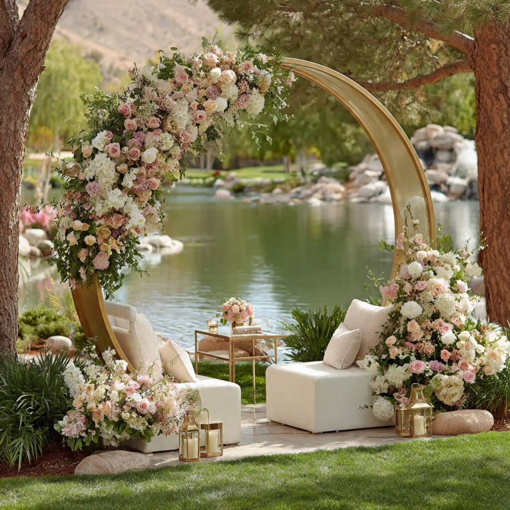 a circular wedding arbor symbolizing unity gold