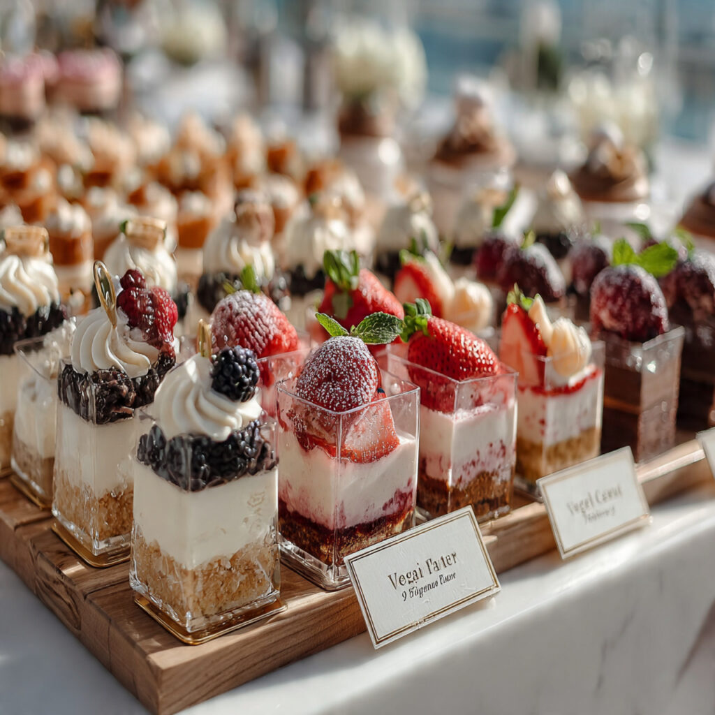 a clean dessert buffet section featuring vegan