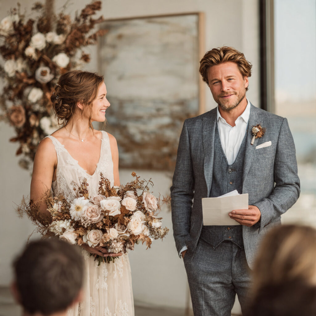 a composed wedding speech scene highlighting sincerity