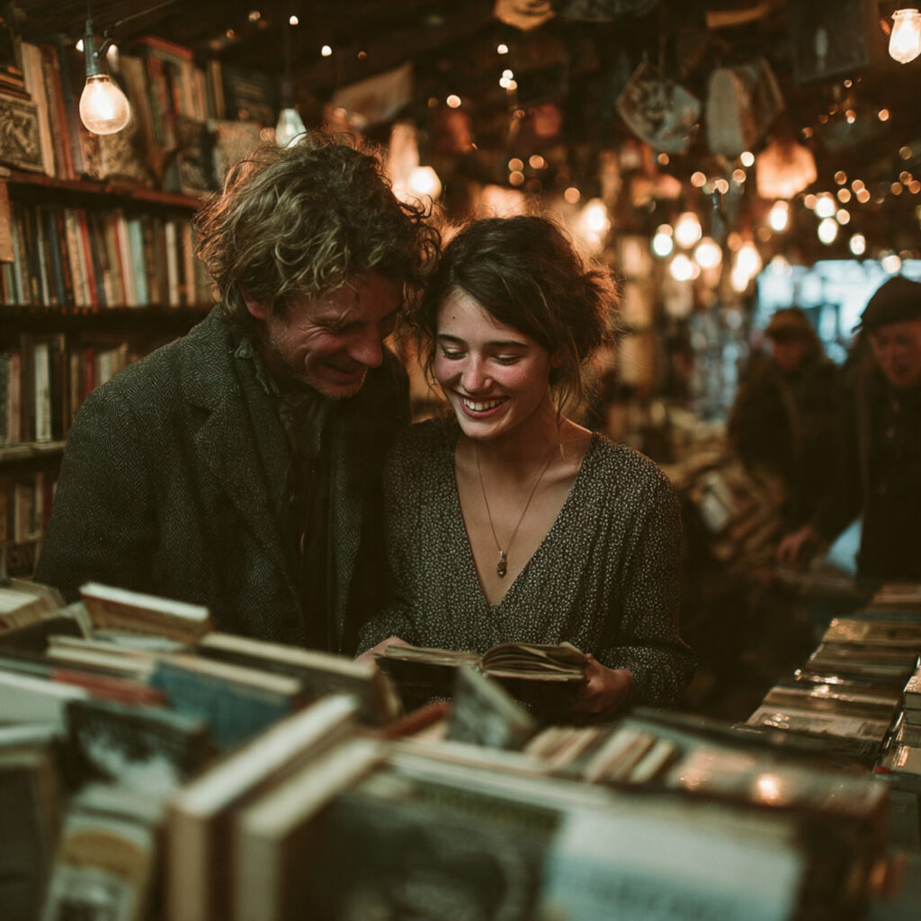 a couple browsing books in a cozy