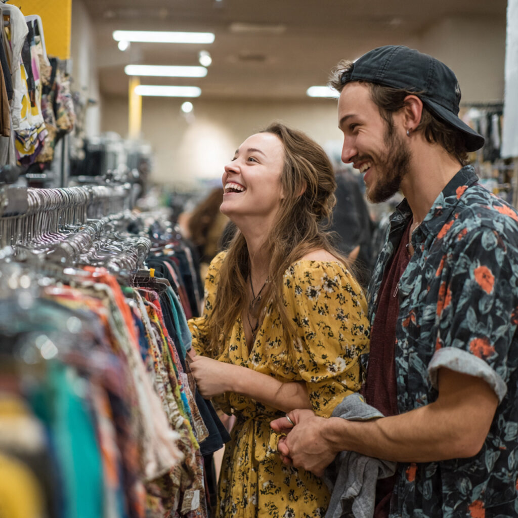 a couple browsing clothing racks in a