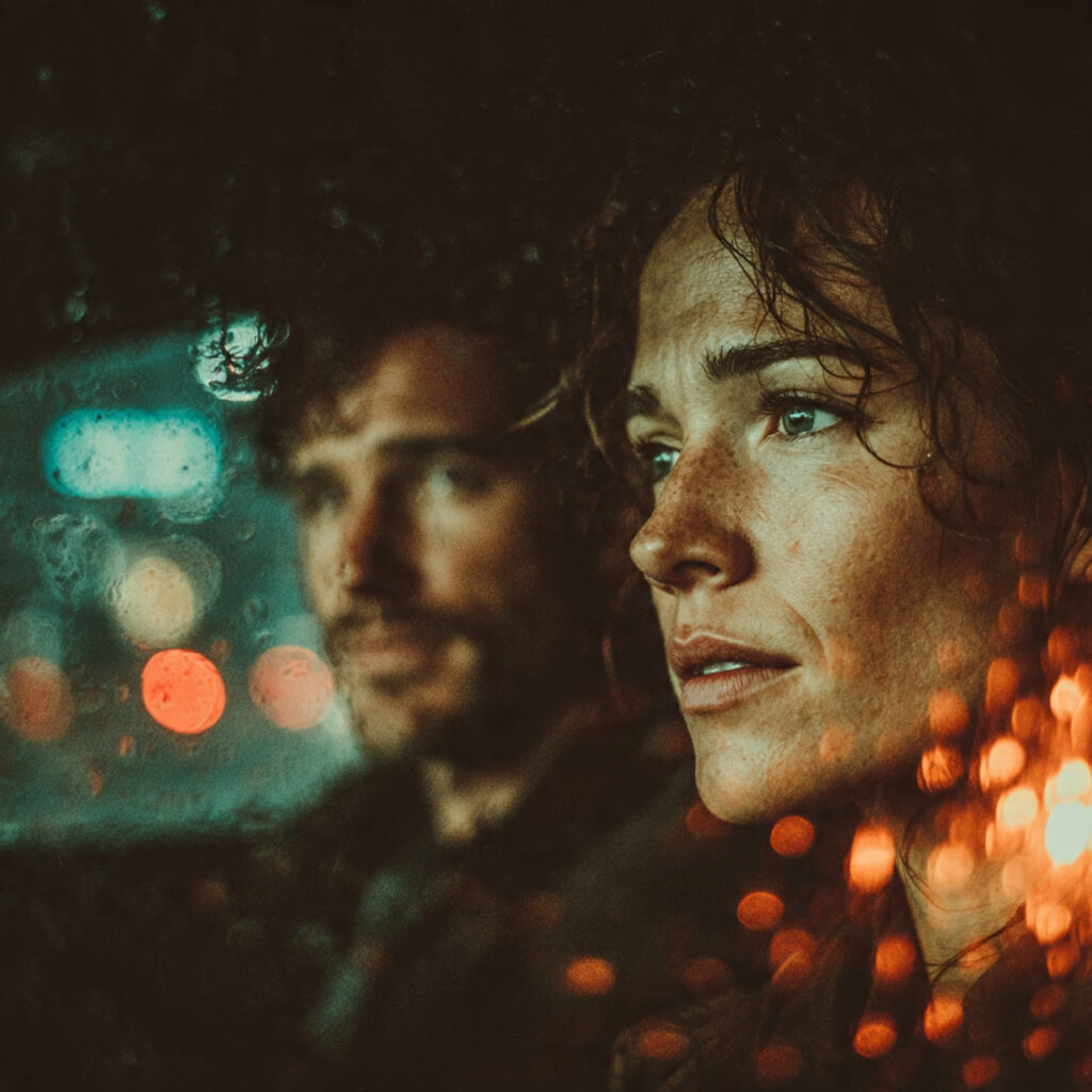 a couple inside a car at night