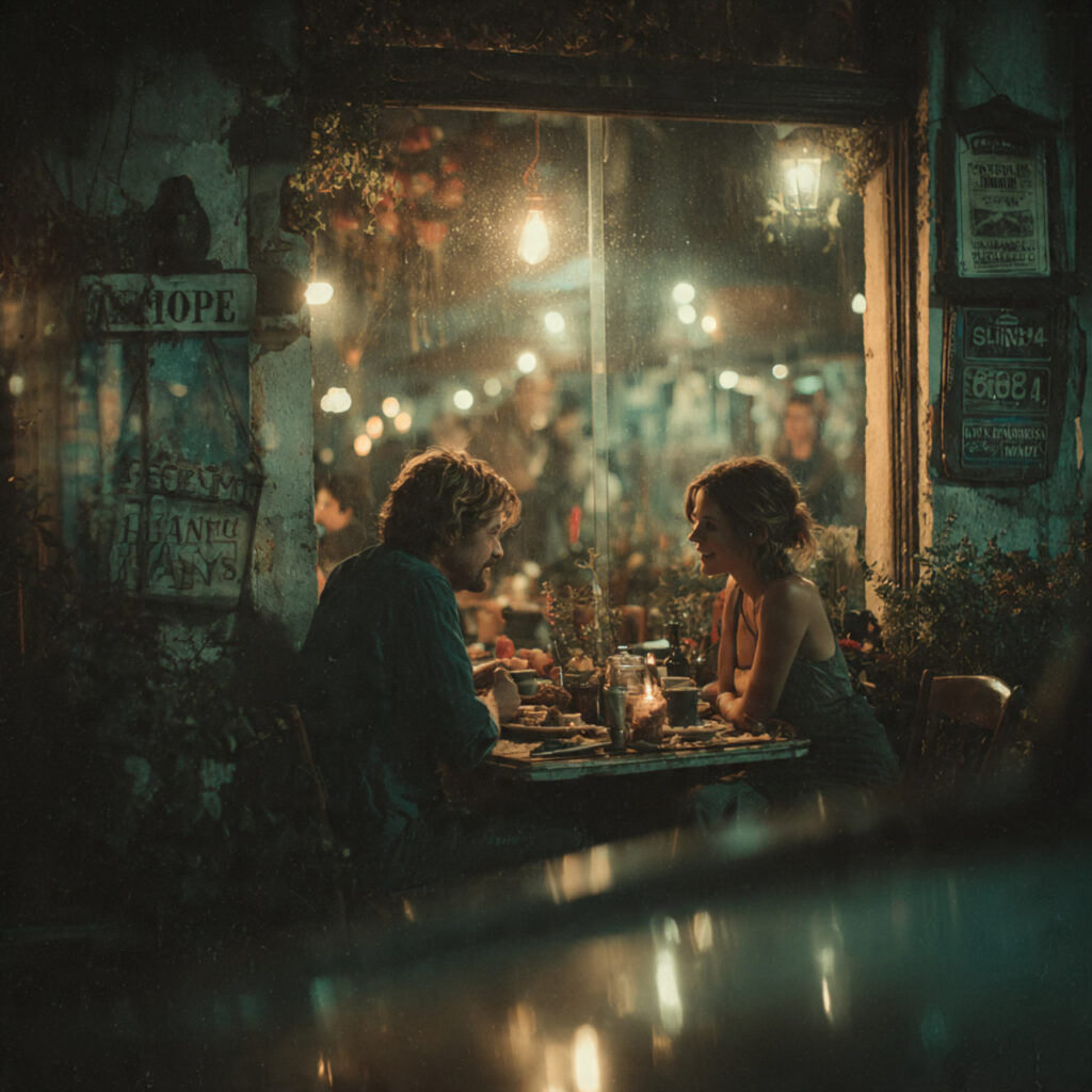 a couple sharing dessert at a small