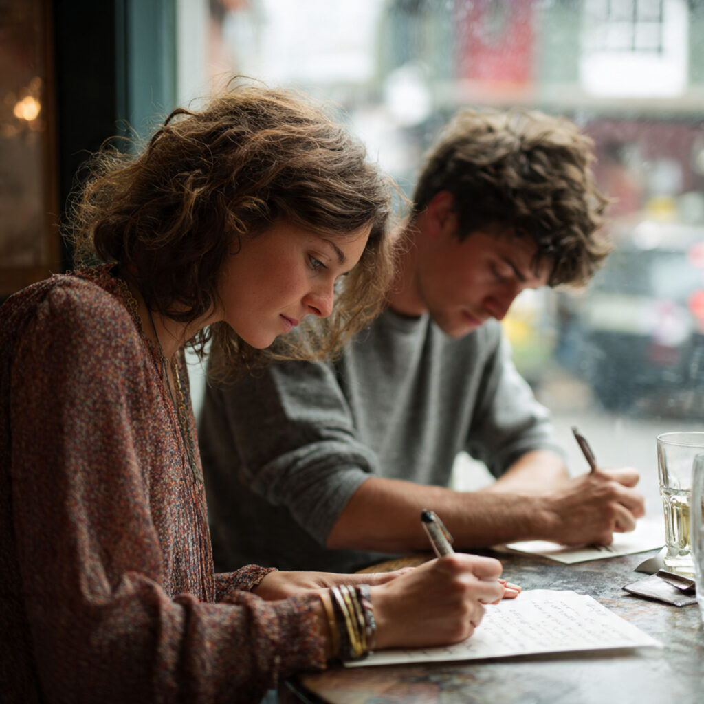 a couple sitting at a caf table