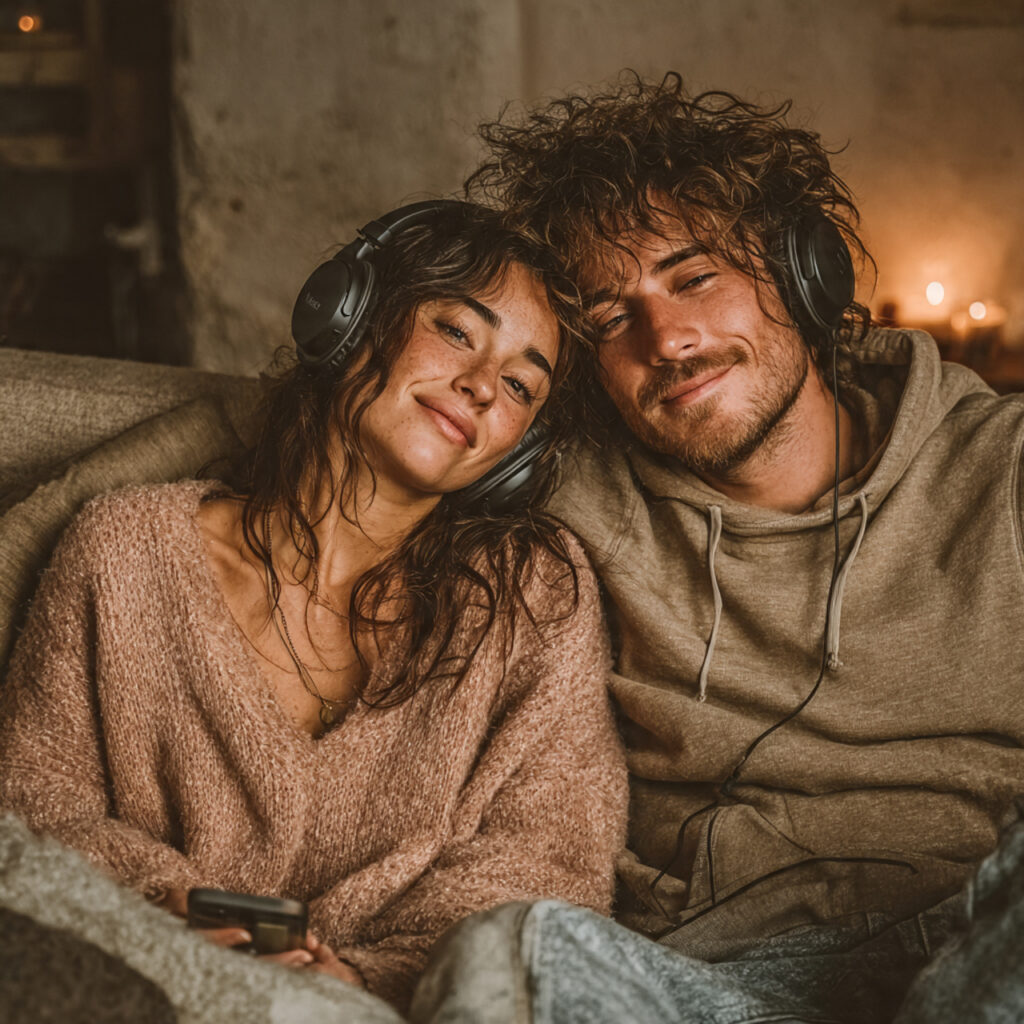 a couple sitting on a couch with