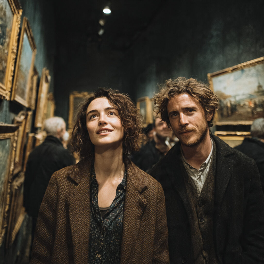 a couple slowly walking through a small