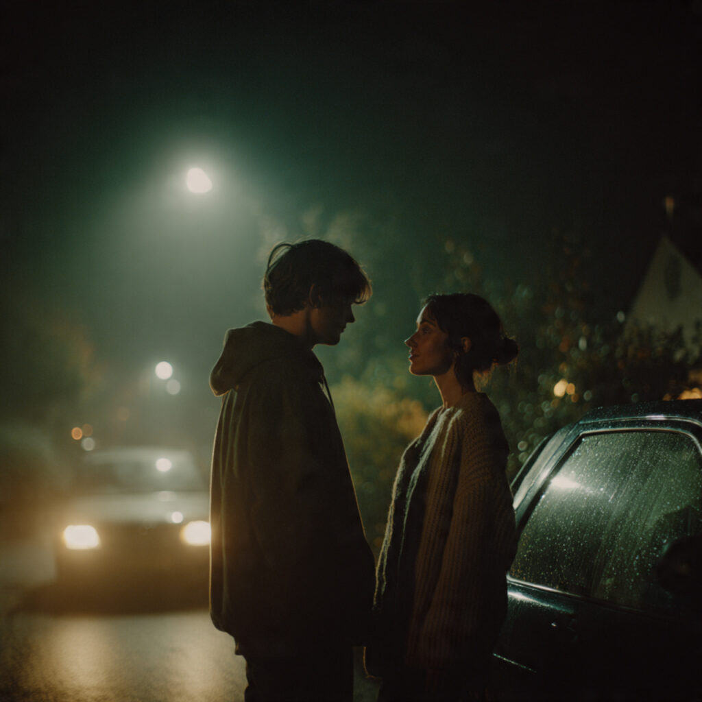 a couple standing near a parked car