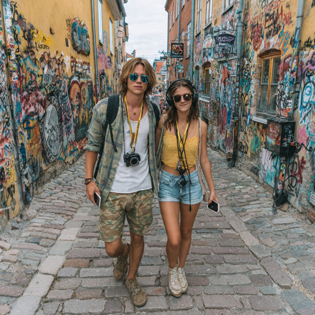 a couple walking through a city street 1
