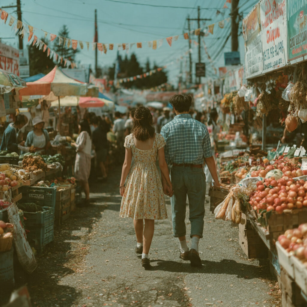 a couple walking through a farmers market