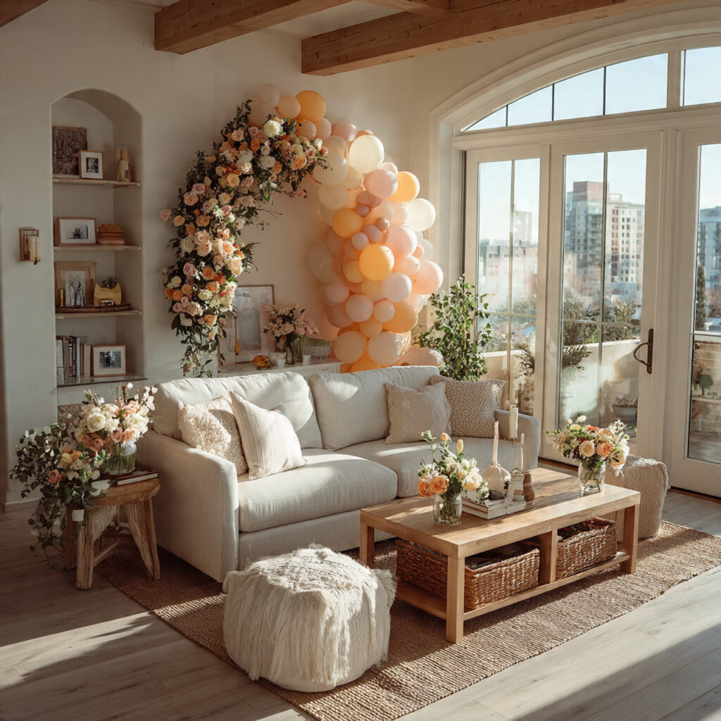 a cozy home baby shower setup in