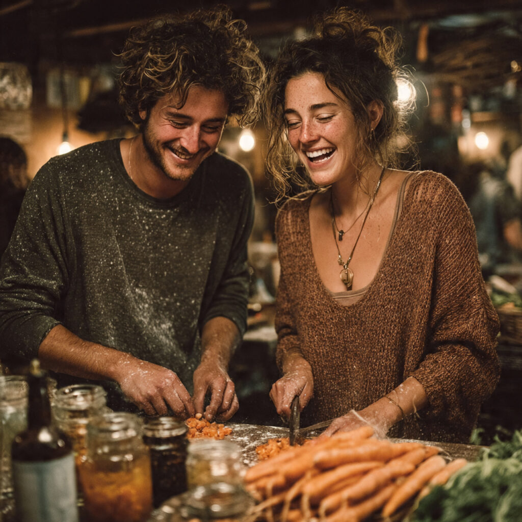 a cozy kitchen scene with a couple