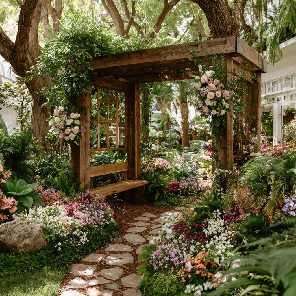 a garden wedding arbor surrounded by lush
