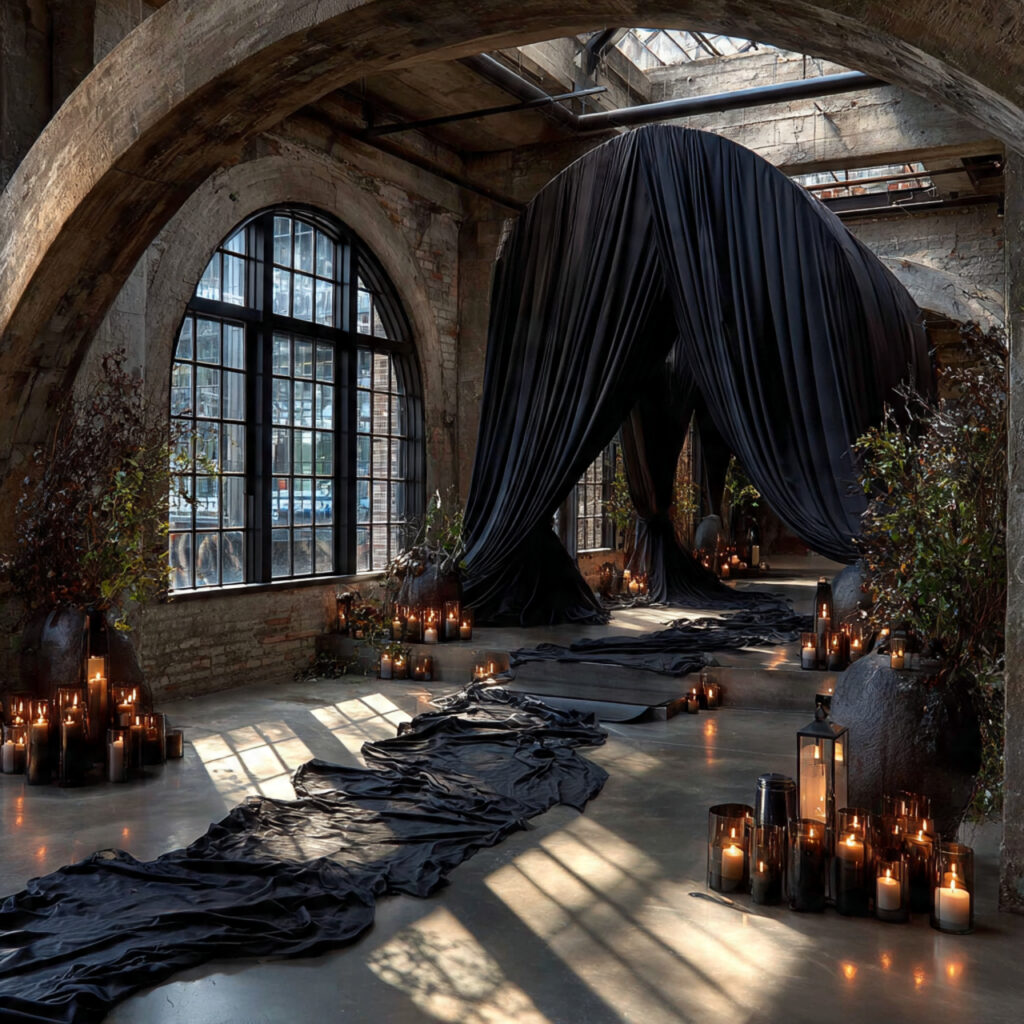 a gothic wedding ceremony backdrop with black