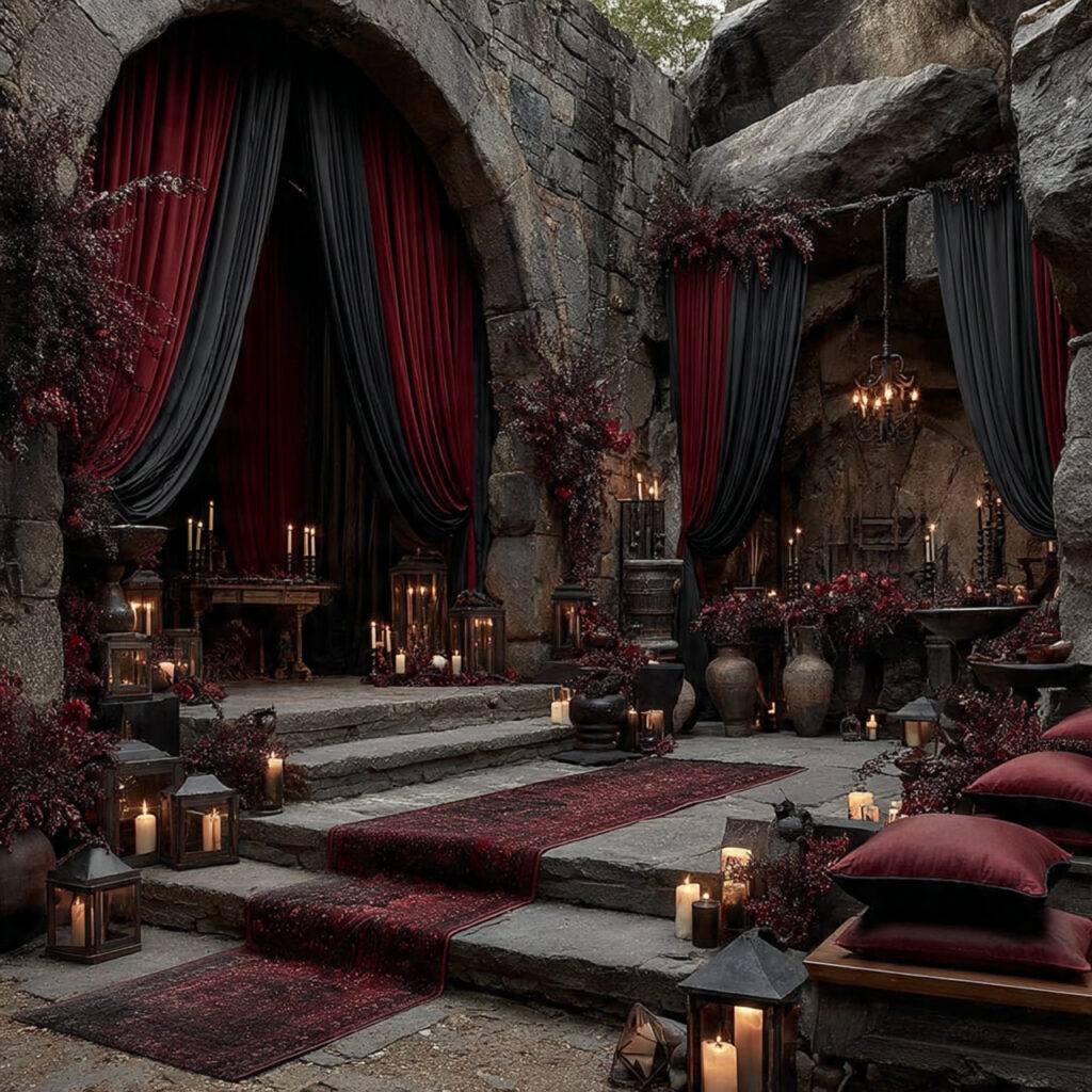 a gothic wedding ceremony scene with handfasting