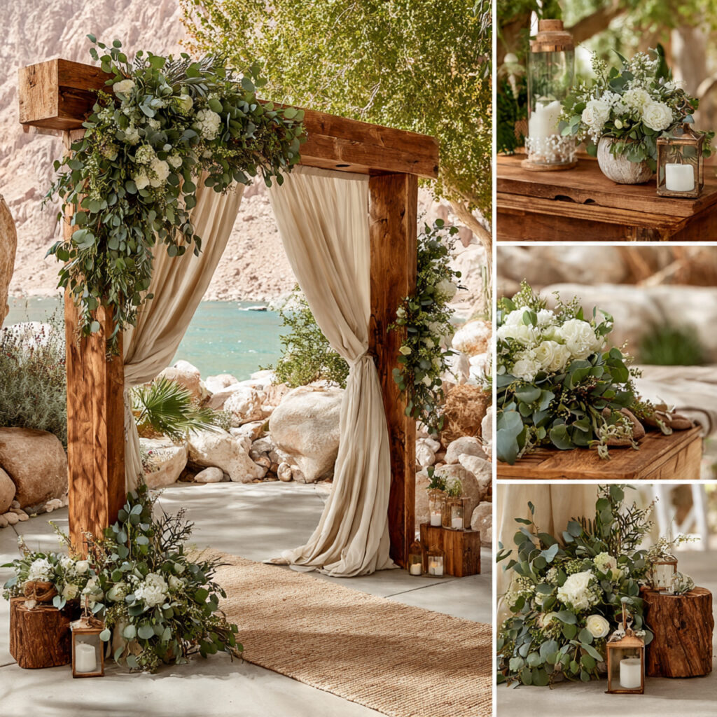 a greenery based wedding arbor featuring eucalyptus and