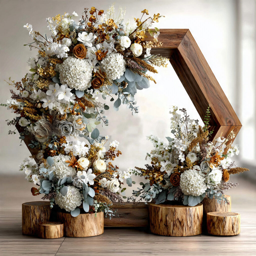 a hexagonal wedding arbor with clean geometric