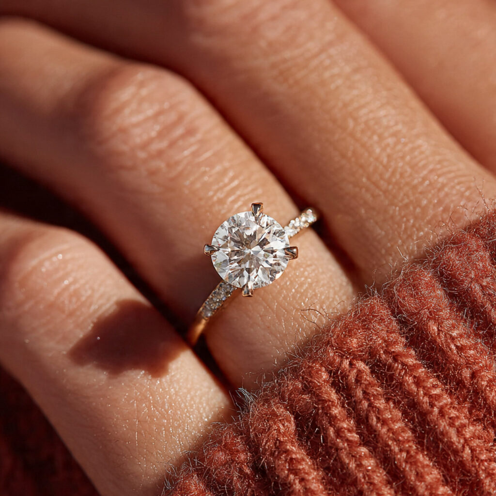 a low profile custom engagement ring sitting close