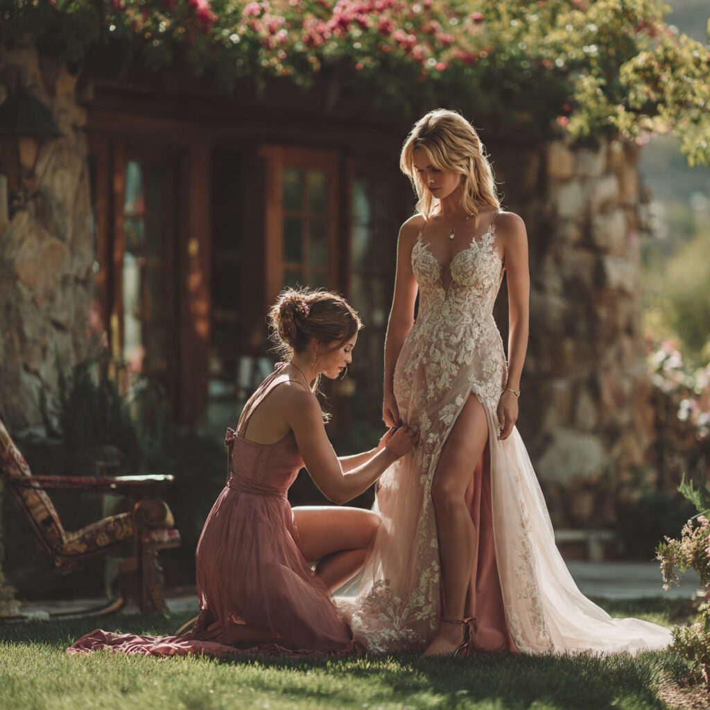 a maid of honor adjusting the bride s