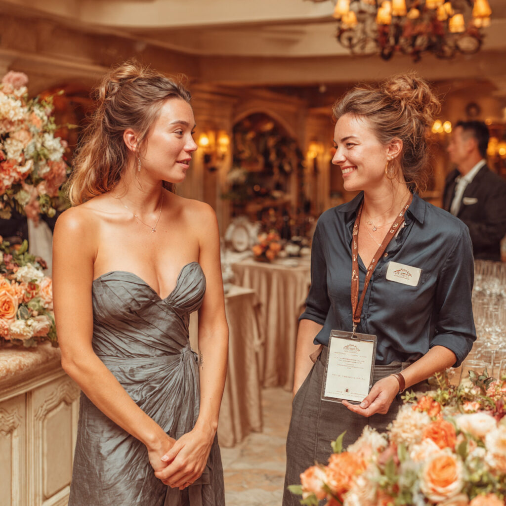 a maid of honor speaking quietly with