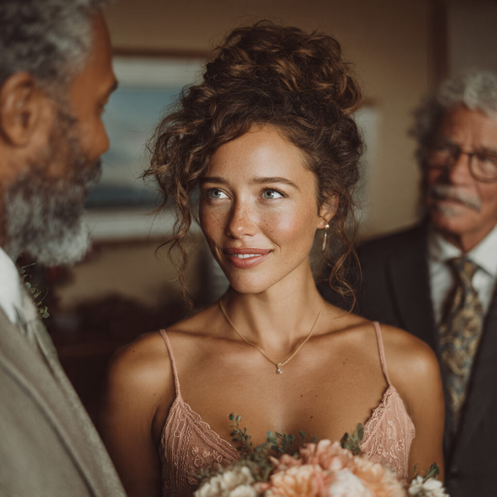 a maid of honor standing respectfully between