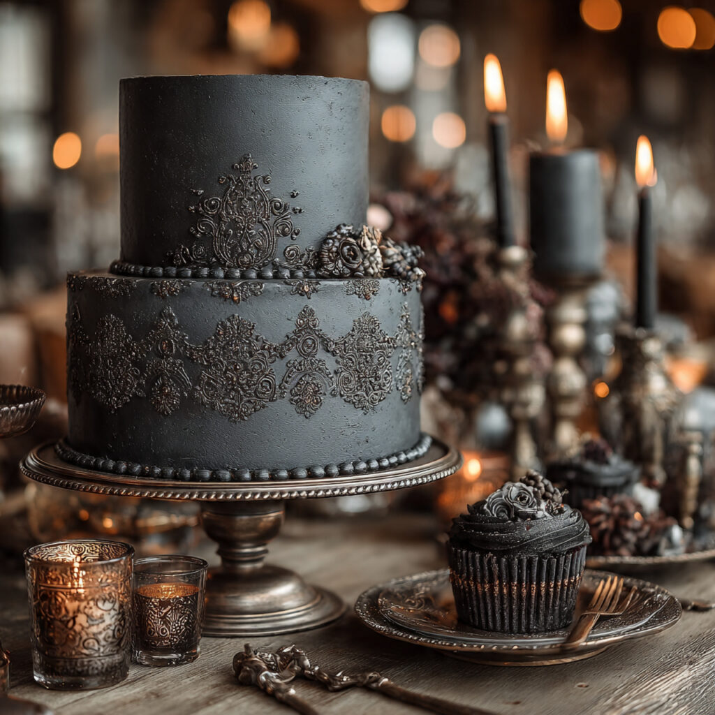 a minimalist gothic wedding cake with matte