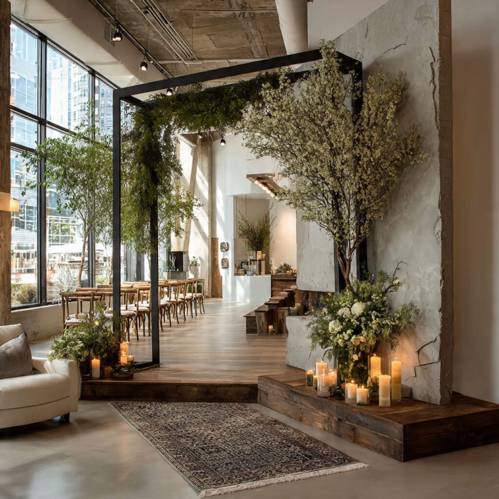 a minimalist metal wedding arbor with thin