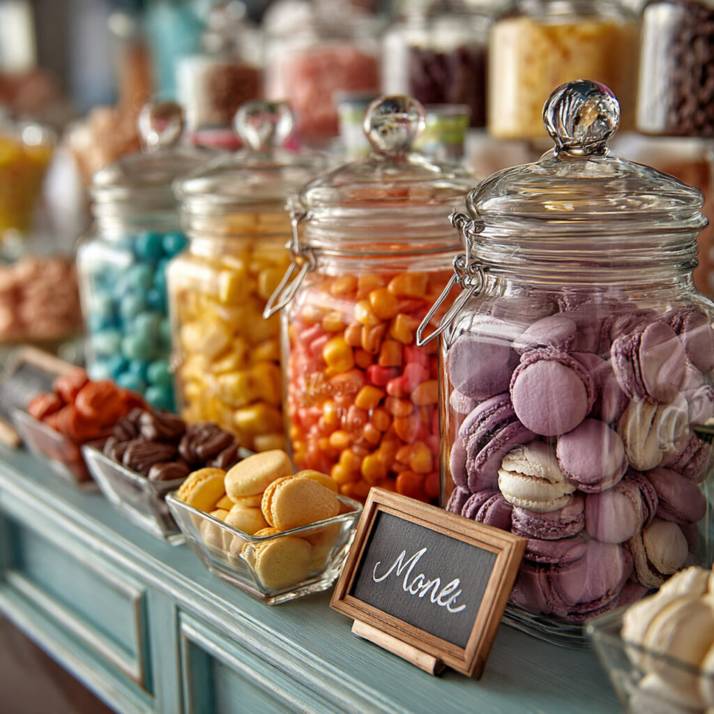 a playful dessert buffet featuring clear glass