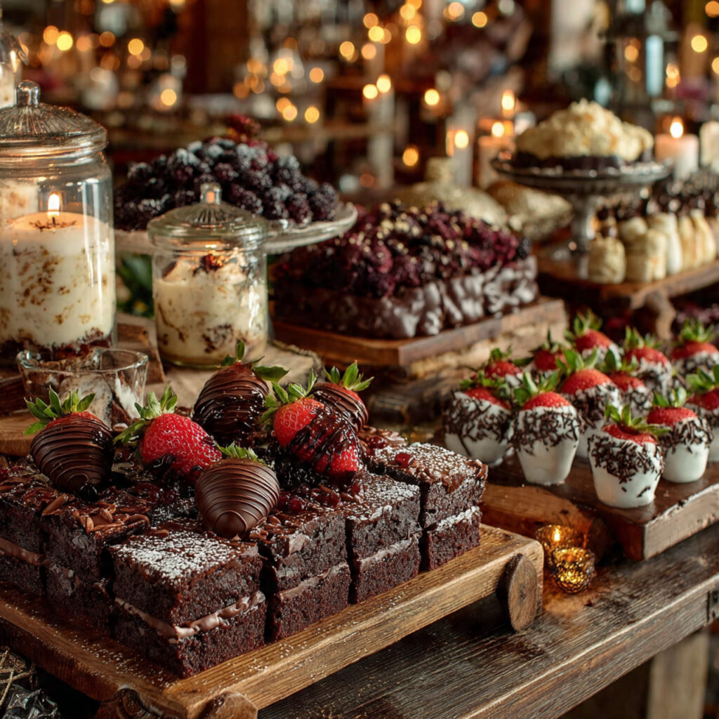a rich chocolate themed dessert buffet featuring brownies