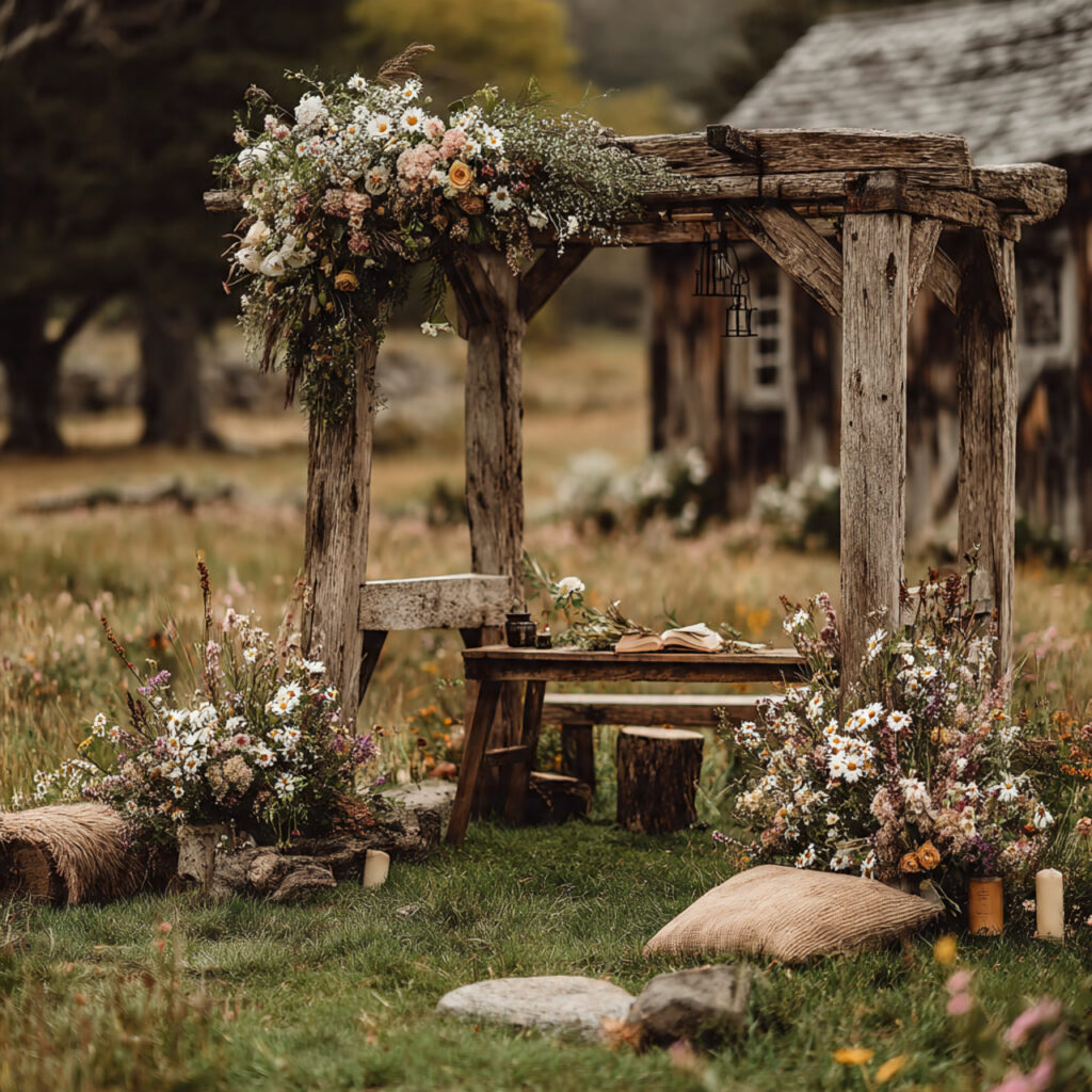 a rustic wedding arbor made from reclaimed