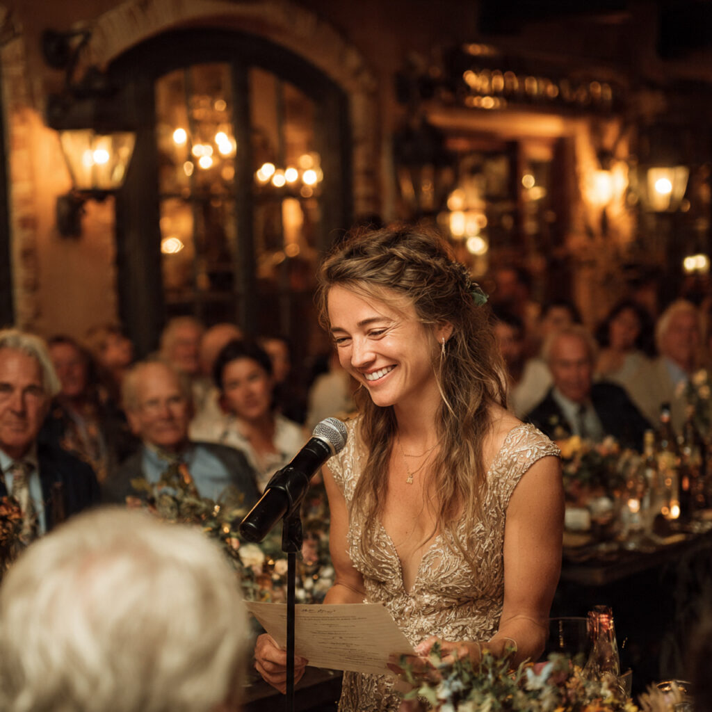 a tasteful wedding speech with gentle laughter