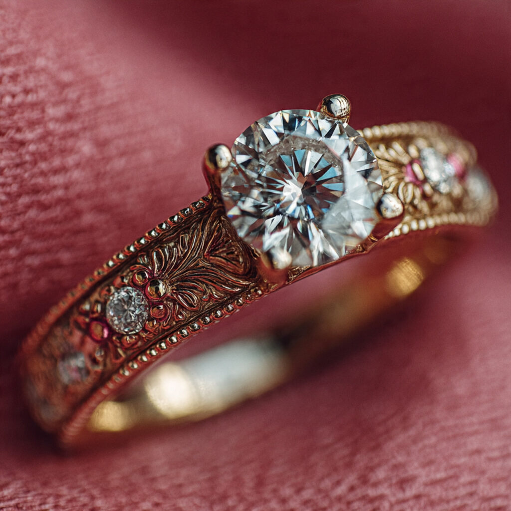a vintage inspired custom engagement ring with hand engraved
