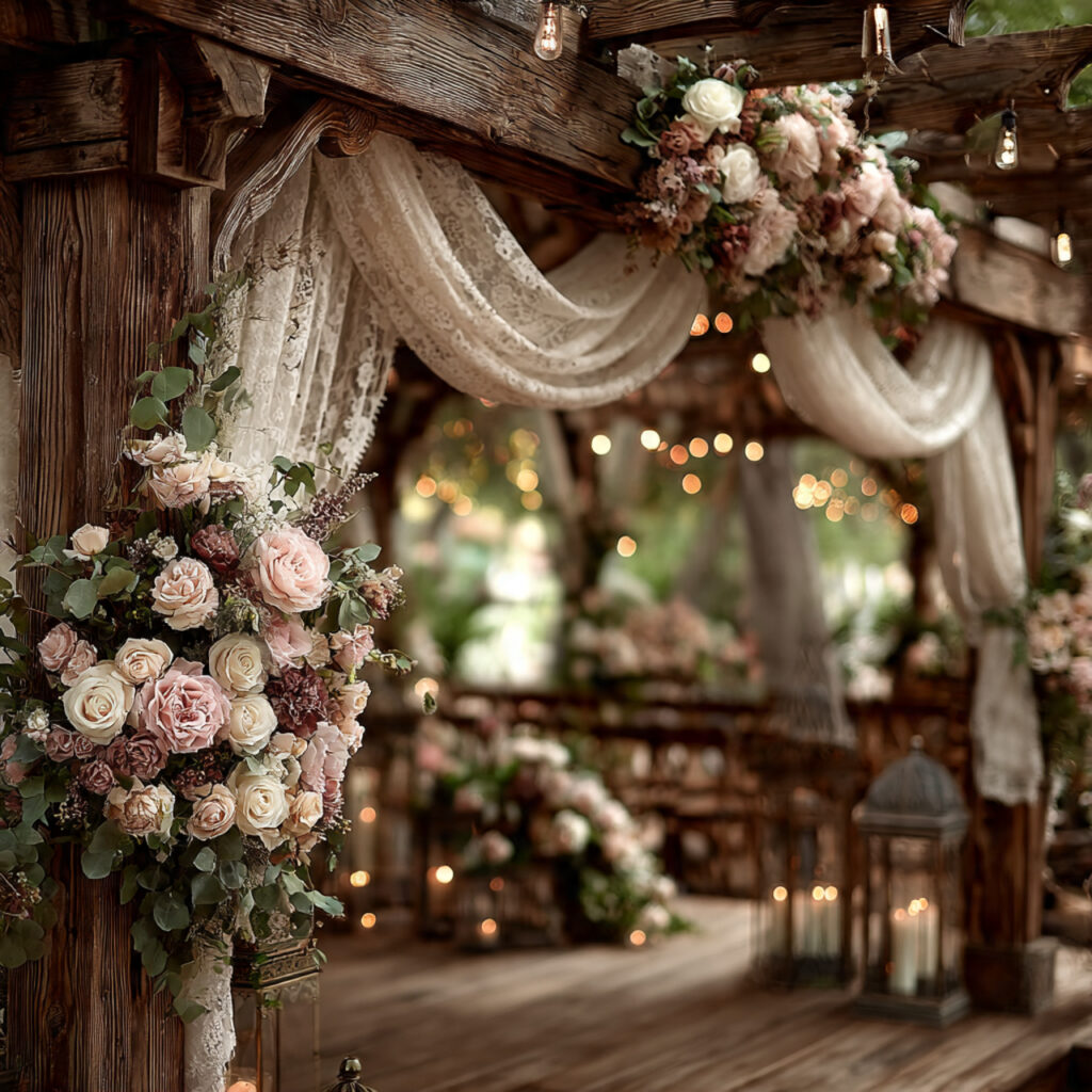 a vintage style wedding arbor with distressed wood