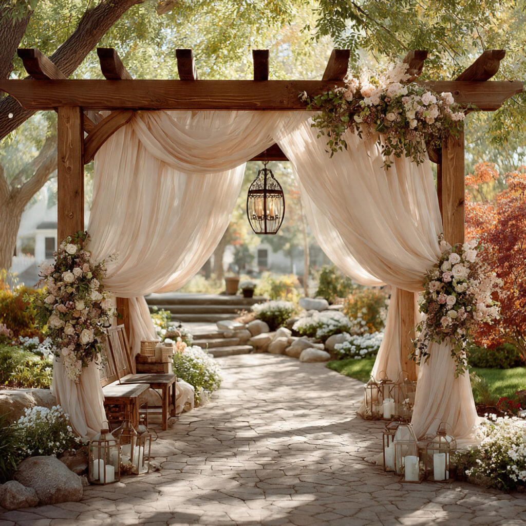 a wedding arbor with flowing sheer fabric