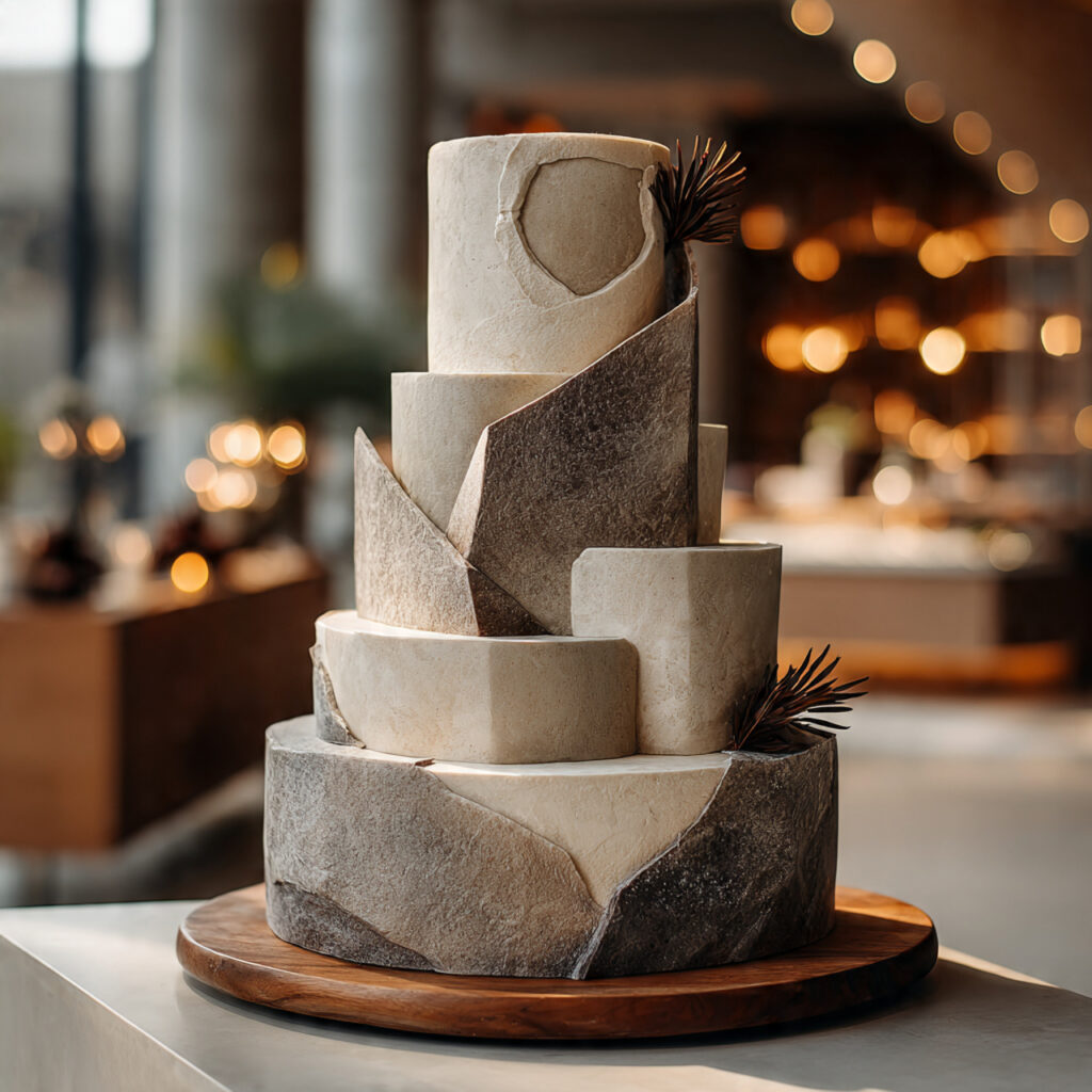 abstract sculptural wedding cake with asymmetrical tiers