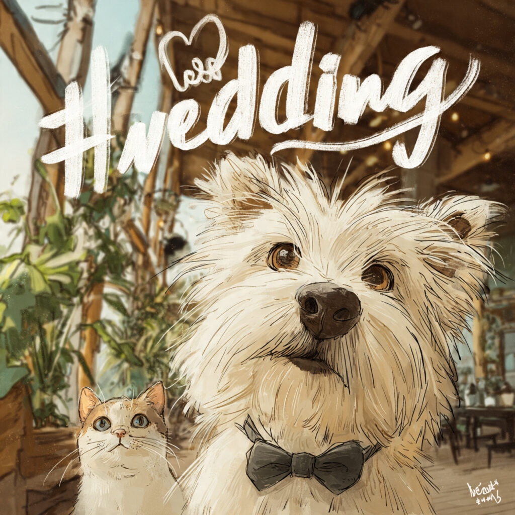 adorable wedding illustration featuring a dog or