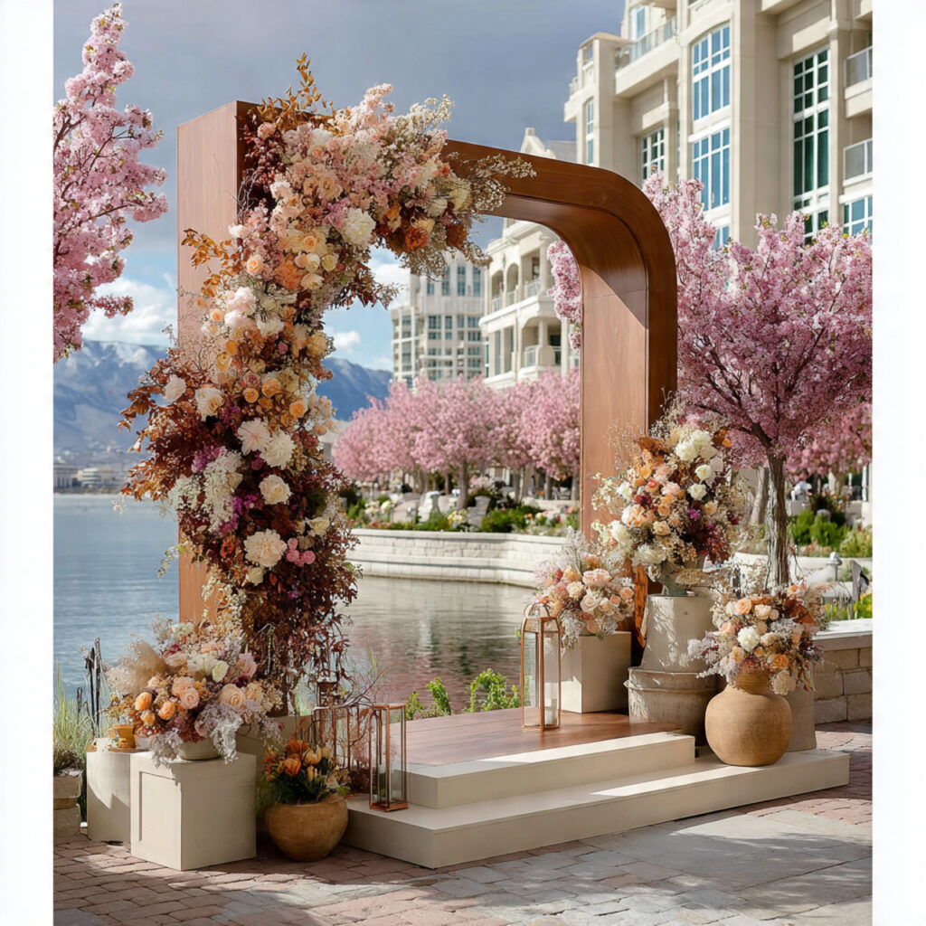 an asymmetrical wedding arbor with florals concentrated