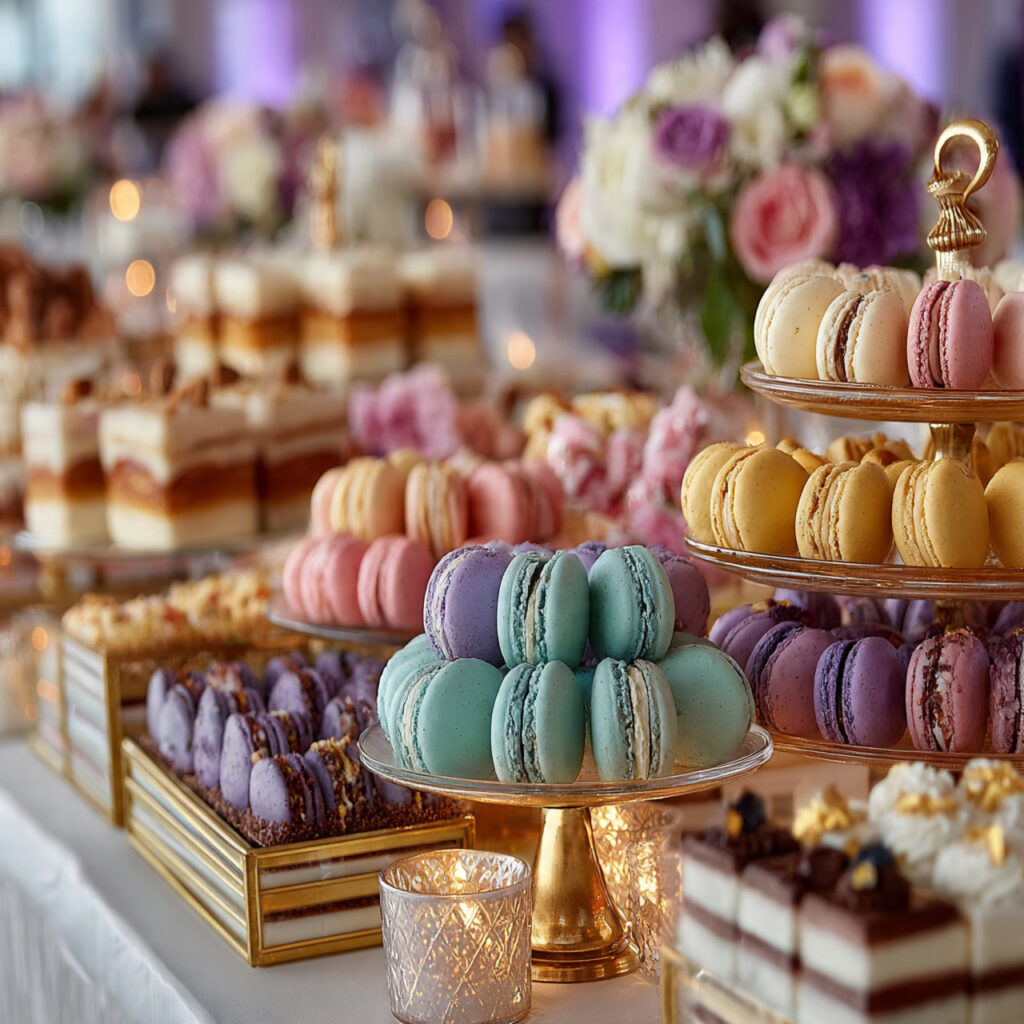an elegant dessert buffet displaying neatly arranged
