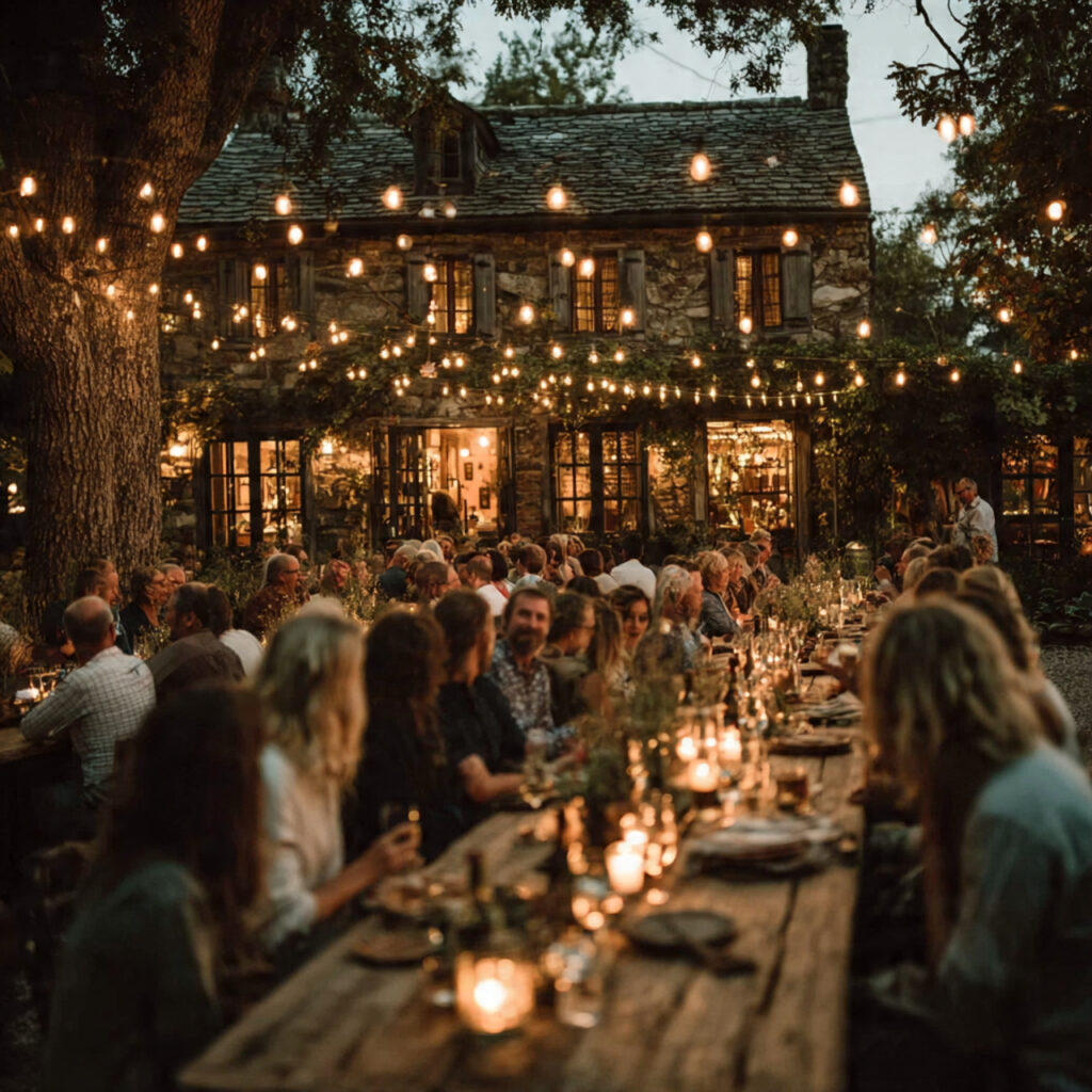 an intimate backyard rehearsal dinner at dusk