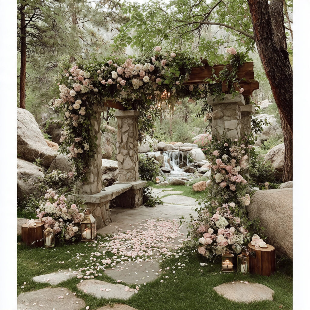 asymmetrical floral wedding arch with garden roses