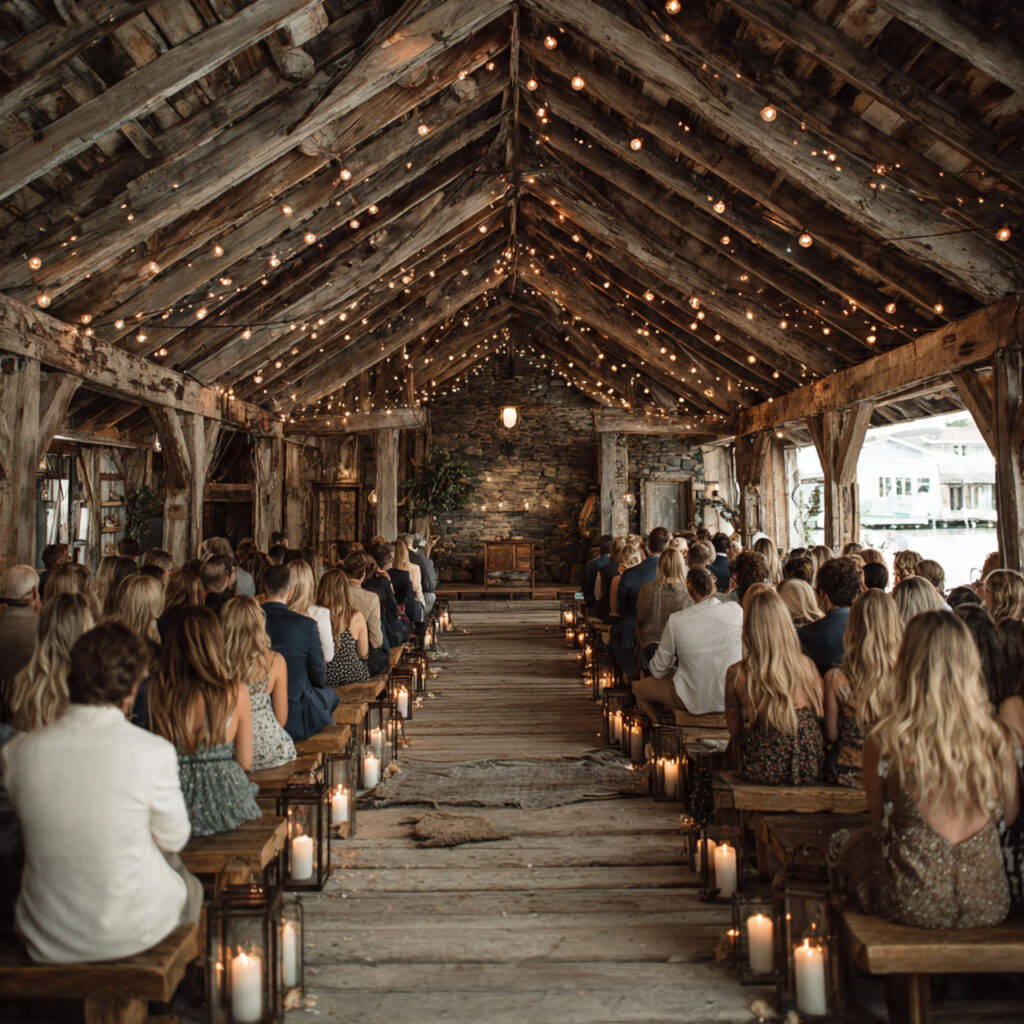 authentic rustic wedding ceremony inside an old